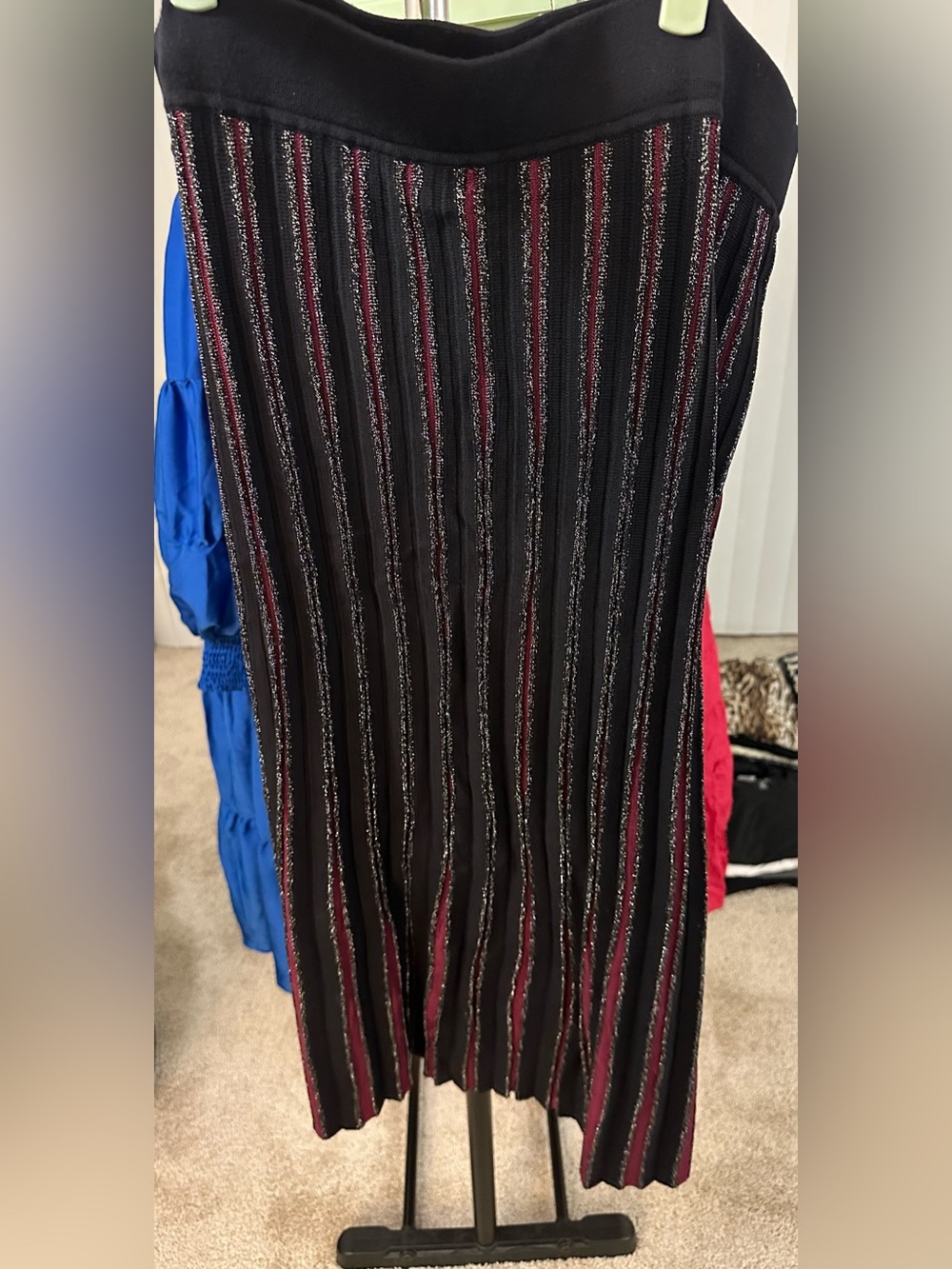 Alfani Black Midi Sweater Skirt with Red and Silver Vertical Stripes
